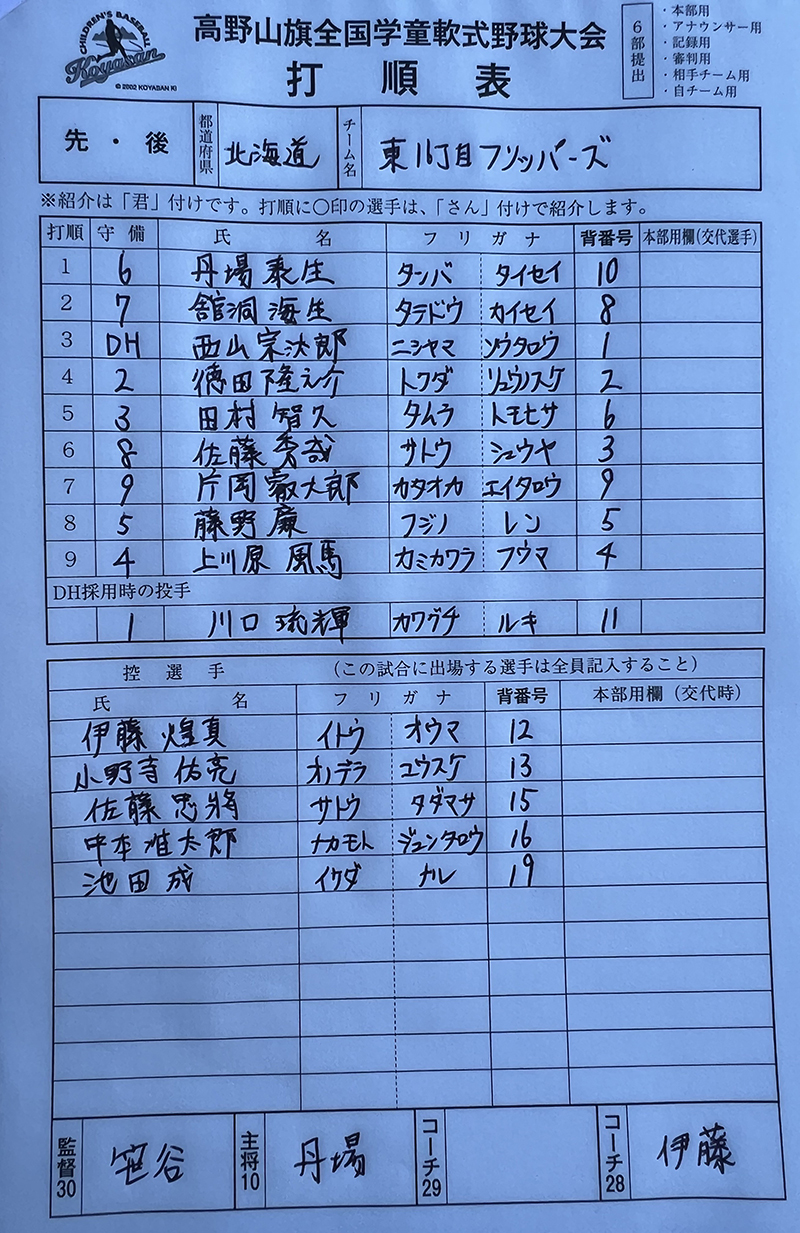 オーダー表、東16丁目フリッパーズ