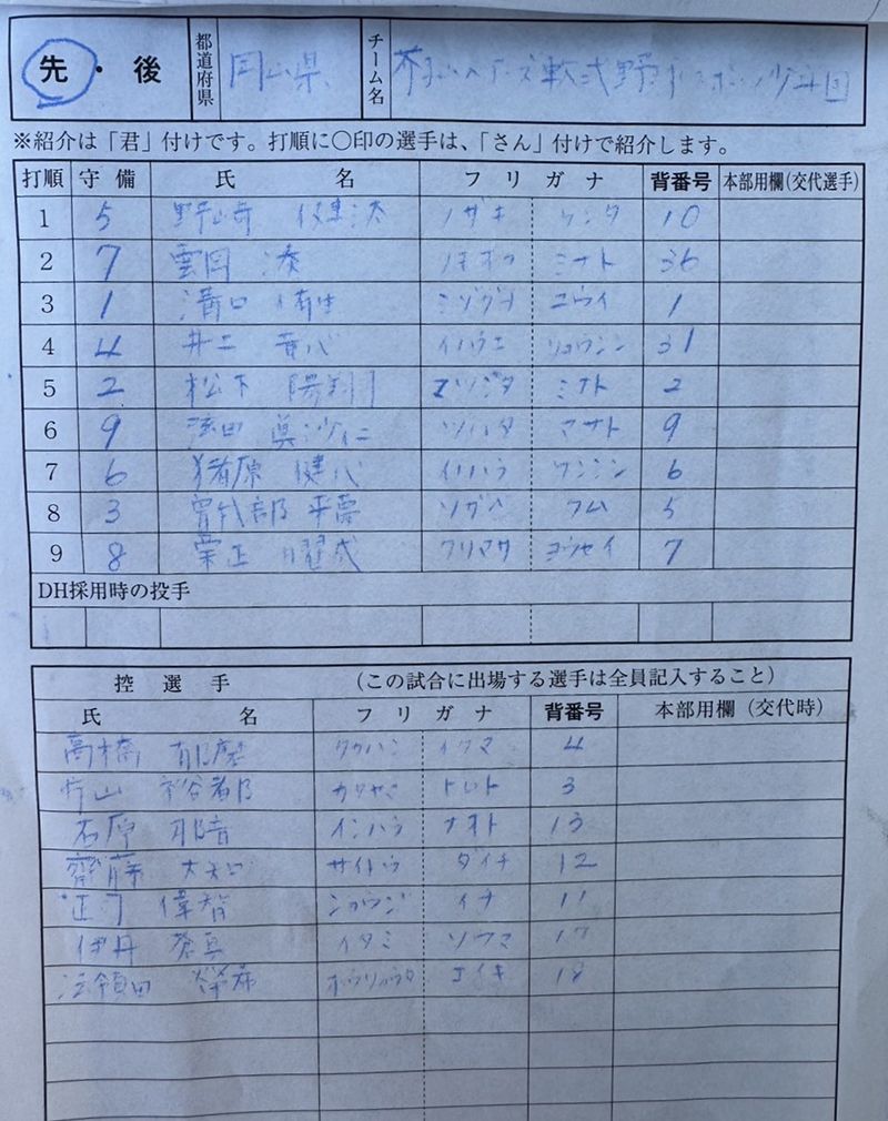 オーダー表・芥子山ベアーズ