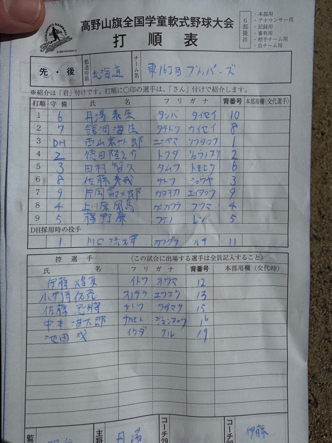 オーダー表（東16丁目）