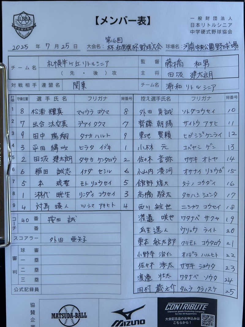先攻めの札幌羊ヶ丘（先発オーダー表）