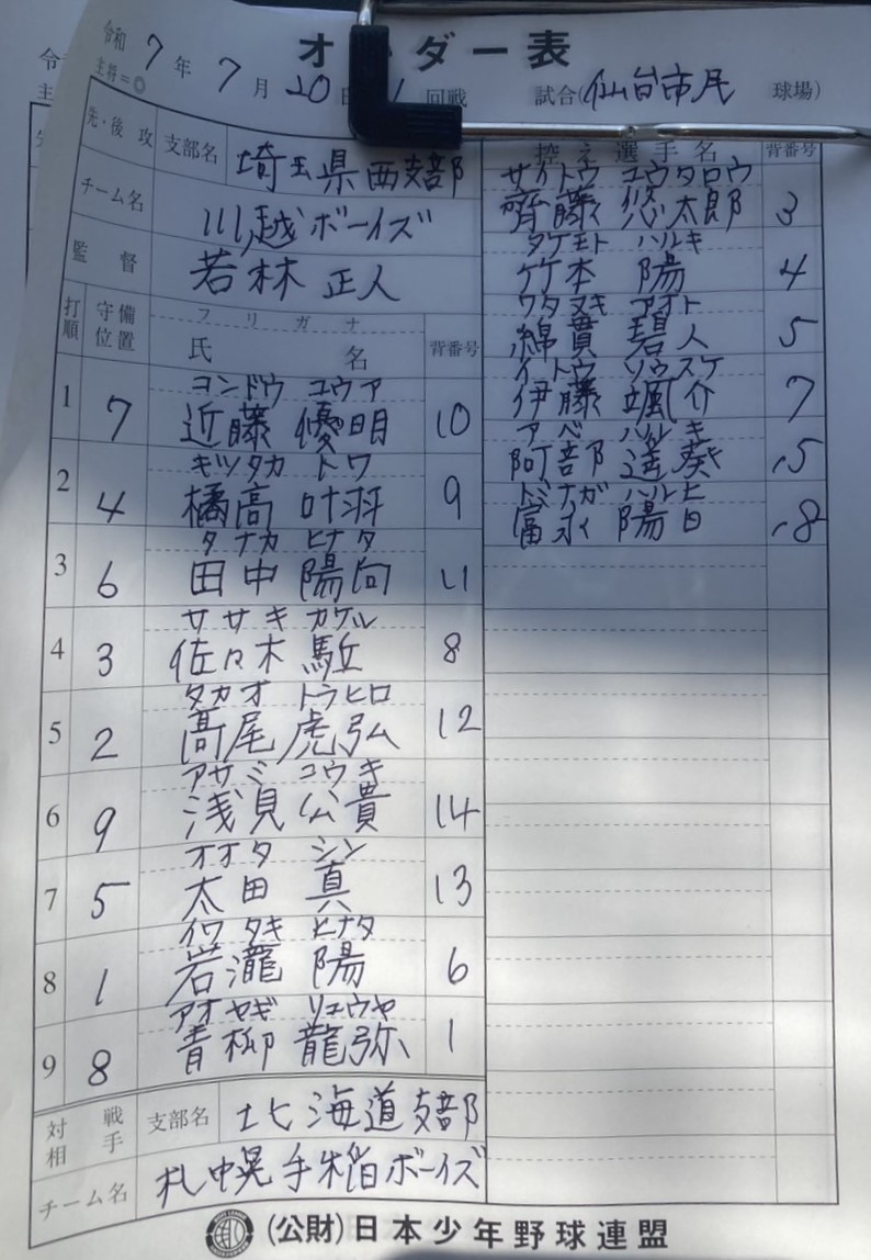 先発オーダー表（川越）