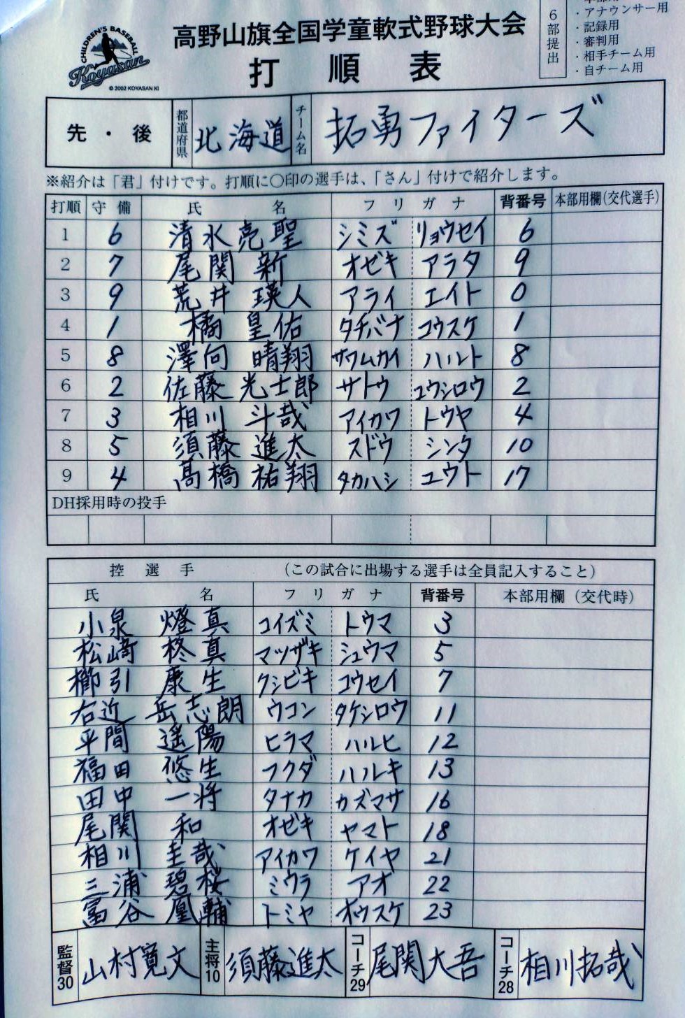 先発オーダー表（拓勇）