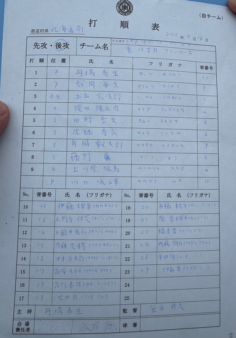 オーダー表・東16丁目フリッパーズ(後攻め)