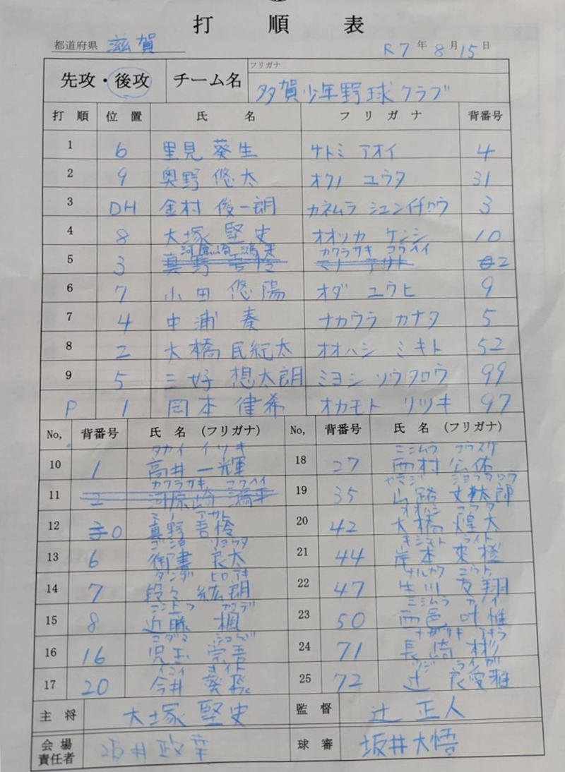 オーダー表・多賀少年野球クラブ（後攻め）