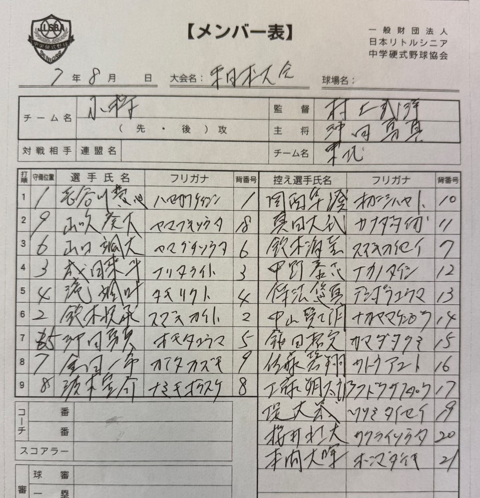 オーダー表・小樽シニア