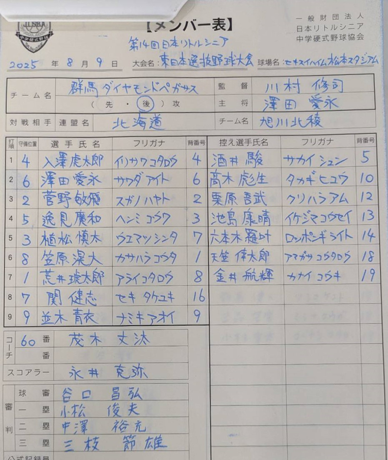 オーダー表・後攻め（群馬）