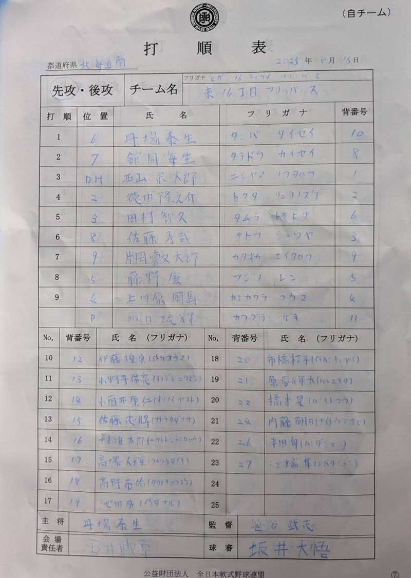 オーダー表・東16丁目フリッパーズ（先攻め）