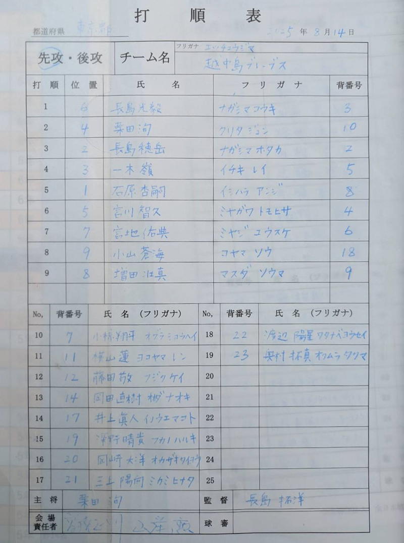 オーダー表・越中島ブレーブス（先攻め）