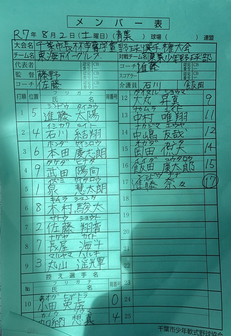 オーダー表（1回戦・東海Ｆイーグルス）