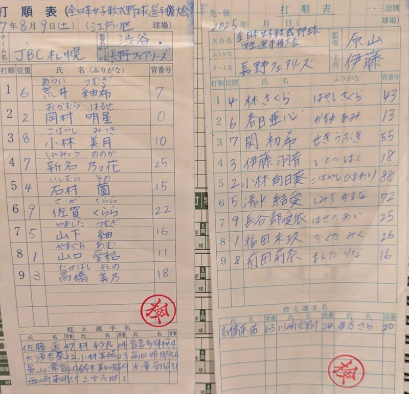 オーダー表・写真左からJBC札幌、長野フェアリーズ