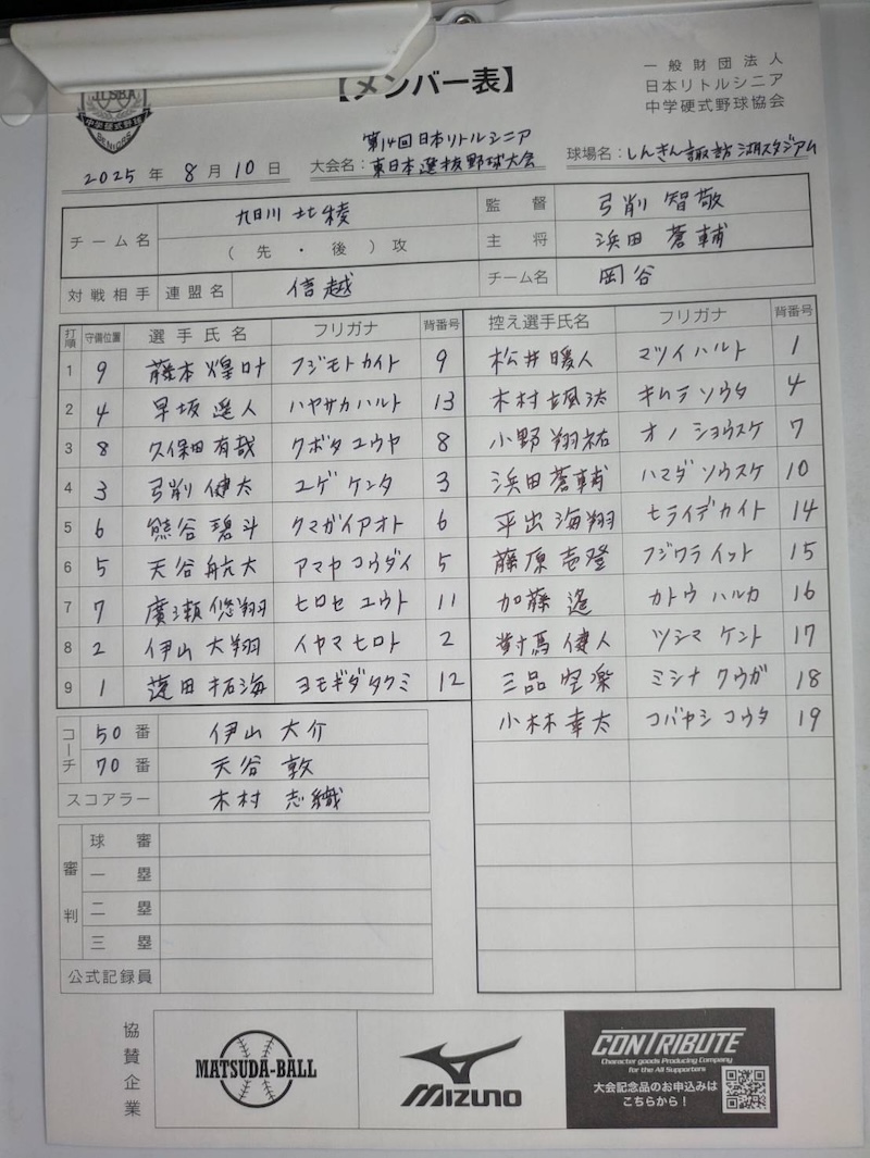 オーダー表・旭川北稜リトルシニア
