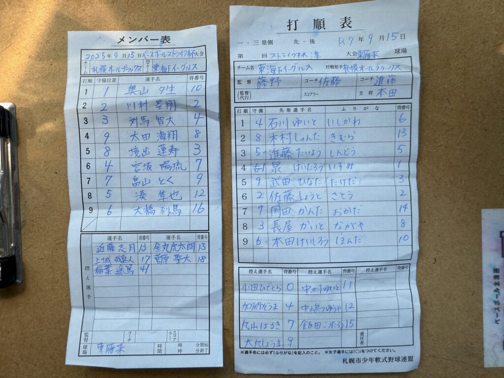 オーダー表、写真左から札幌オールブラックス、東海Fイーグルス