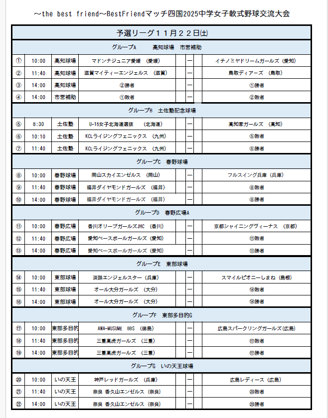 予選リーグ対戦表（U-15女子）