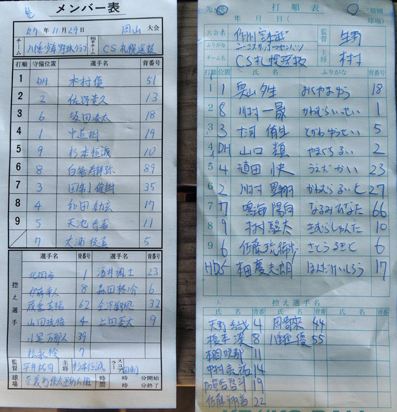 オーダー表・写真左から八幡少年野球、CS札幌選抜