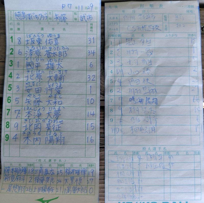 先発オーダー表・写真左から徳島すだちクラブ、CS札幌選抜