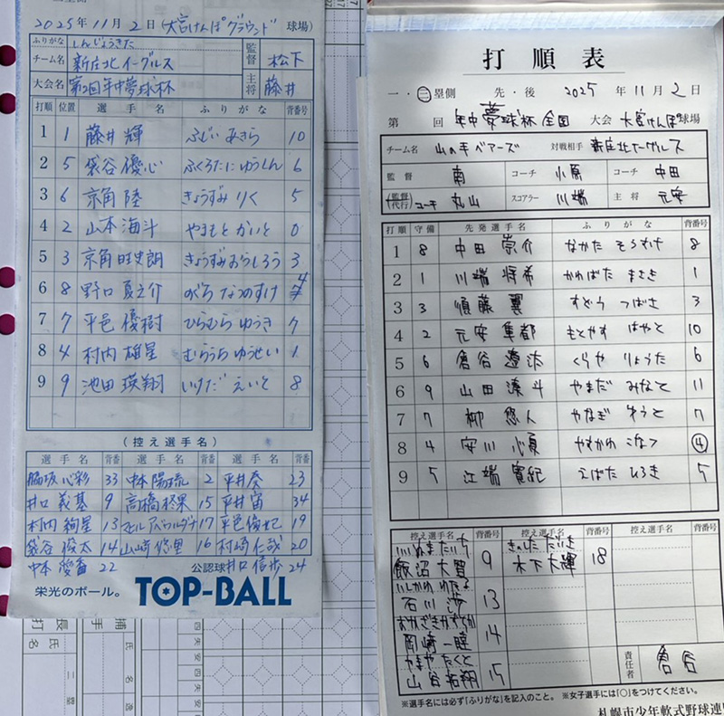 先発オーダー表・写真左から新庄北イーグルス、山の手ベアーズ