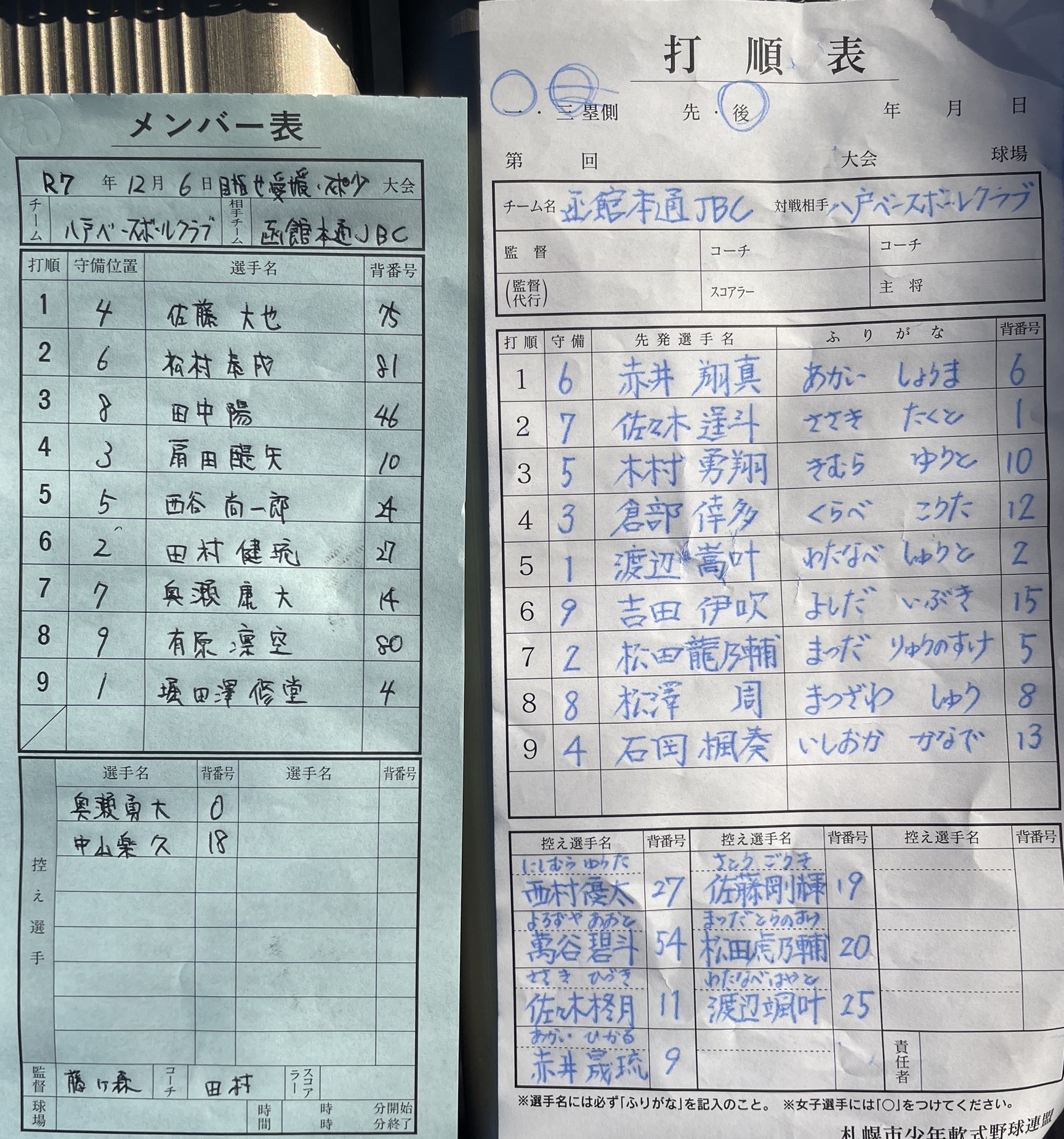 オーダー表・写真左から函館本通JBC、八戸BBC