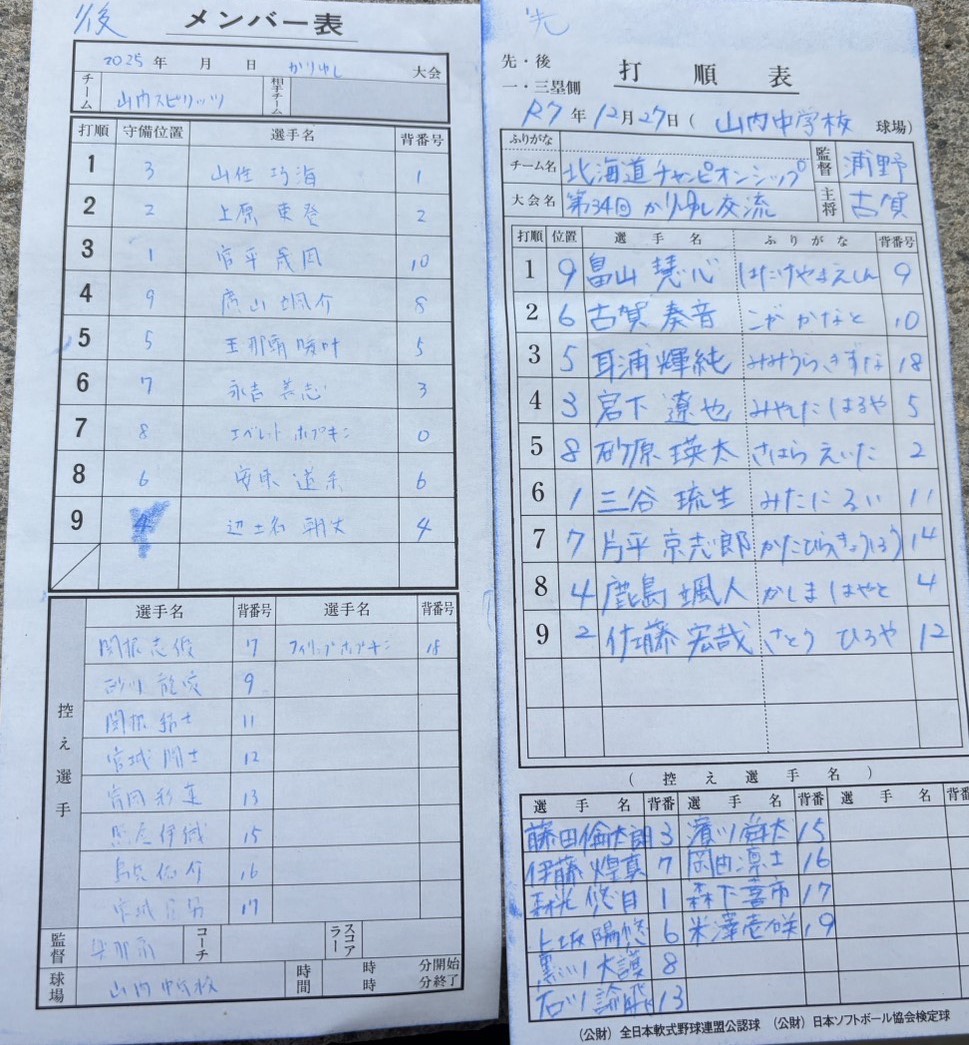オーダー表・写真左から山内スピリッツ、北海道選抜