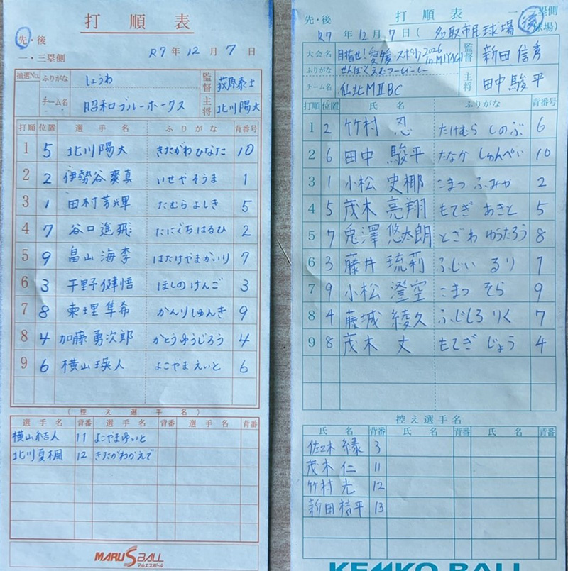 オーダー表・写真左から昭和ブルーホークス、仙北MⅡBC
