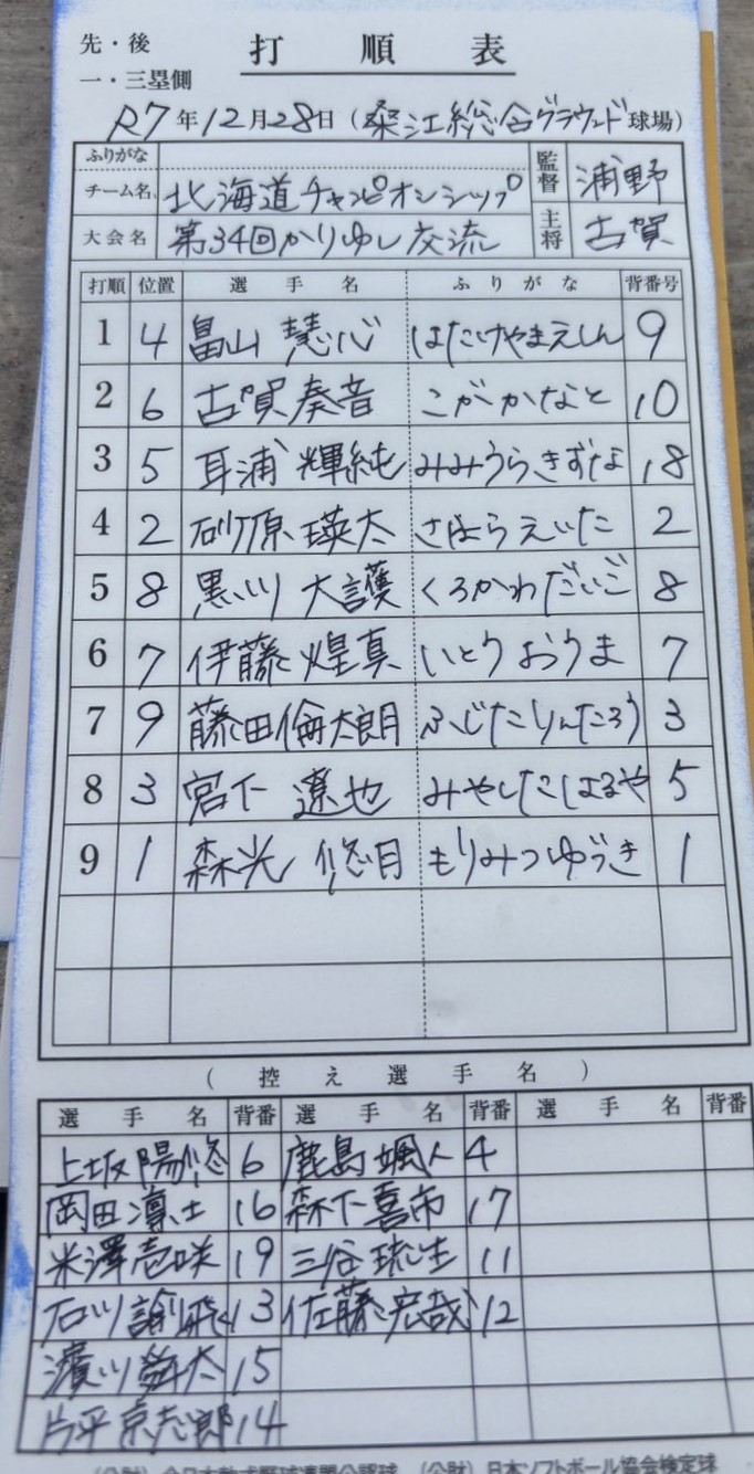 オーダー表・北海道選抜（3回戦）