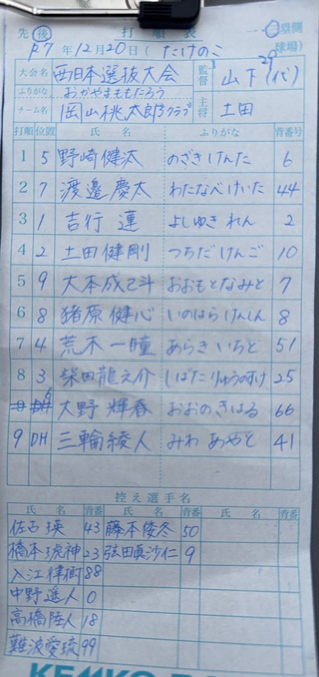 オーダー表・岡山桃太郎クラブ