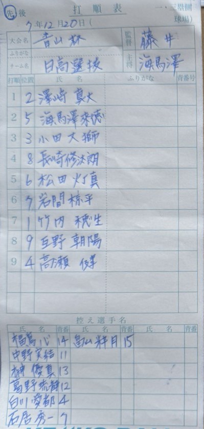 オーダー表・日高選抜