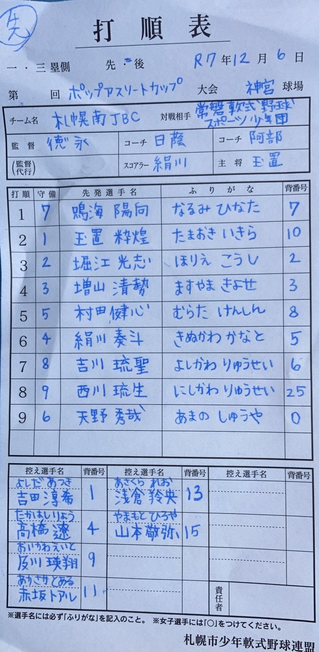 オーダー表・札幌南JBC