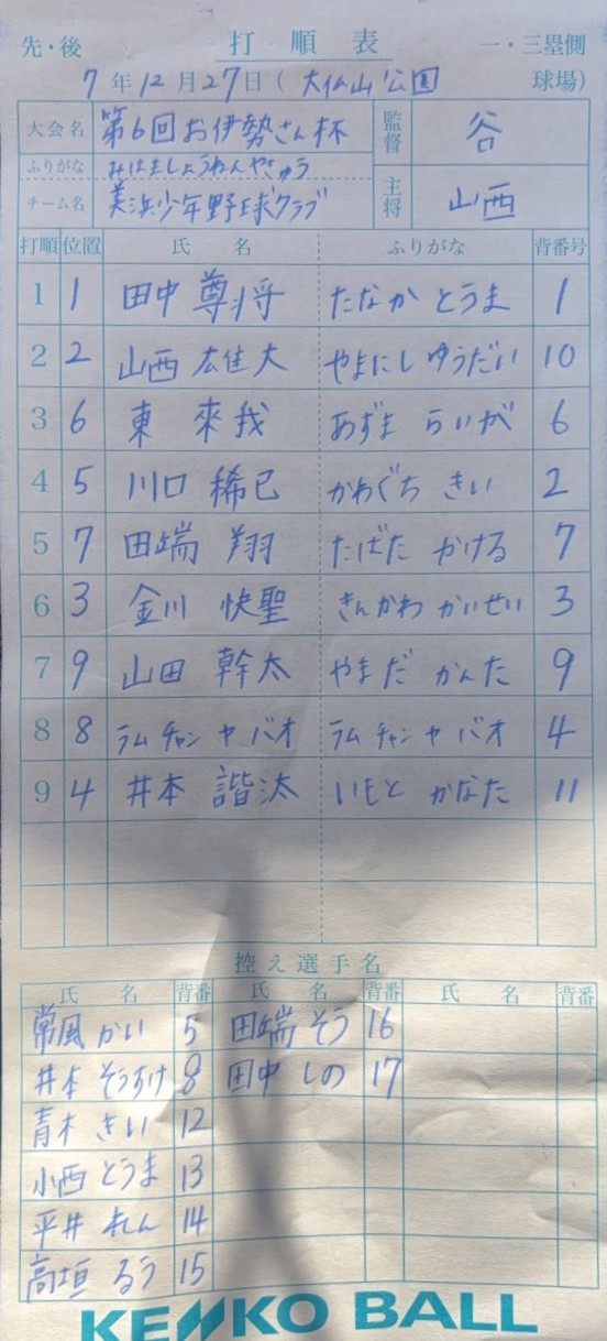 オーダー表・美浜少年野球クラブ
