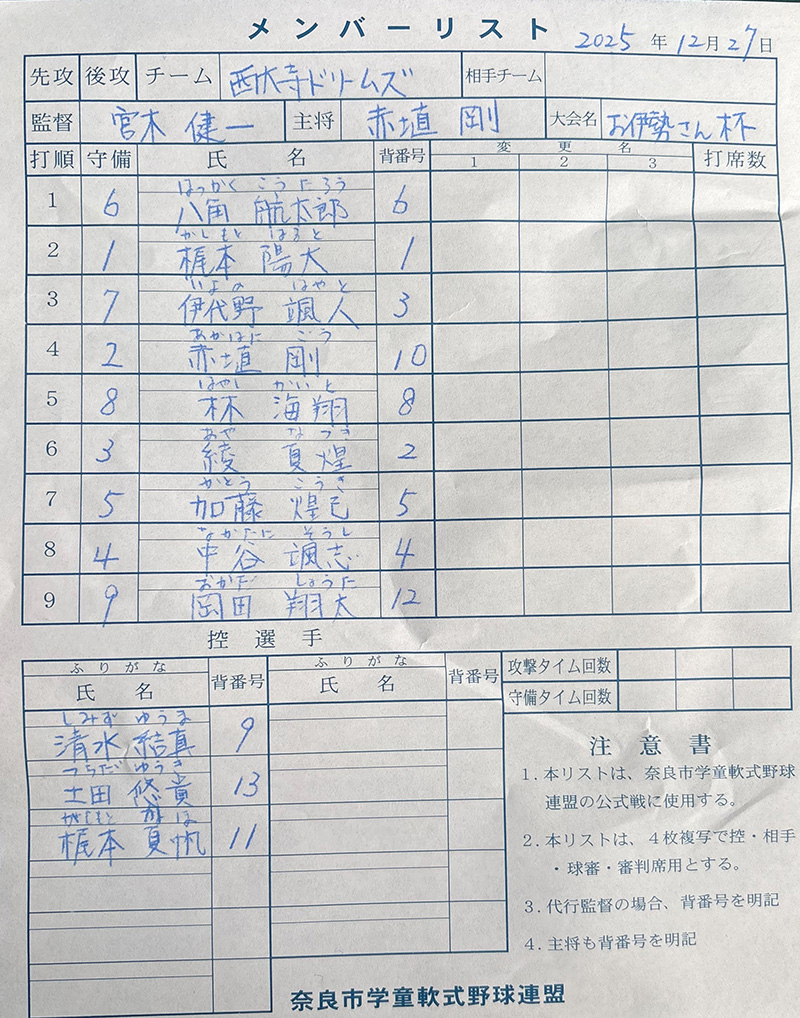 オーダー表・西大寺