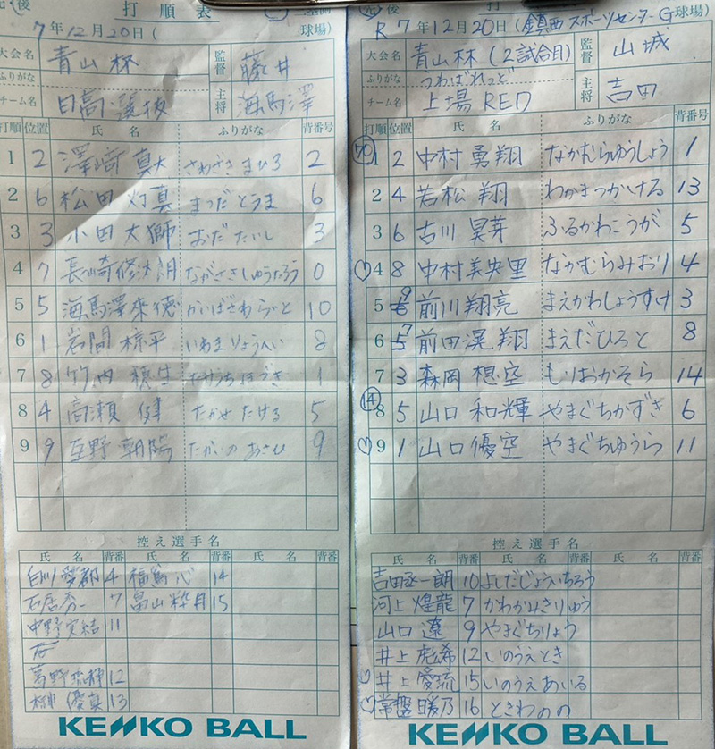 オーダー表写真左から日高選抜、上場RED
