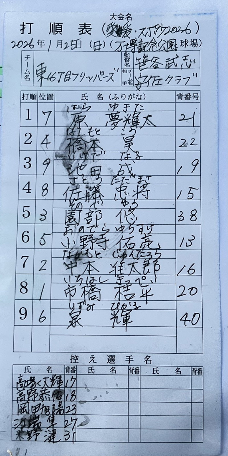 オーダー表・東16丁目フリッパーズ