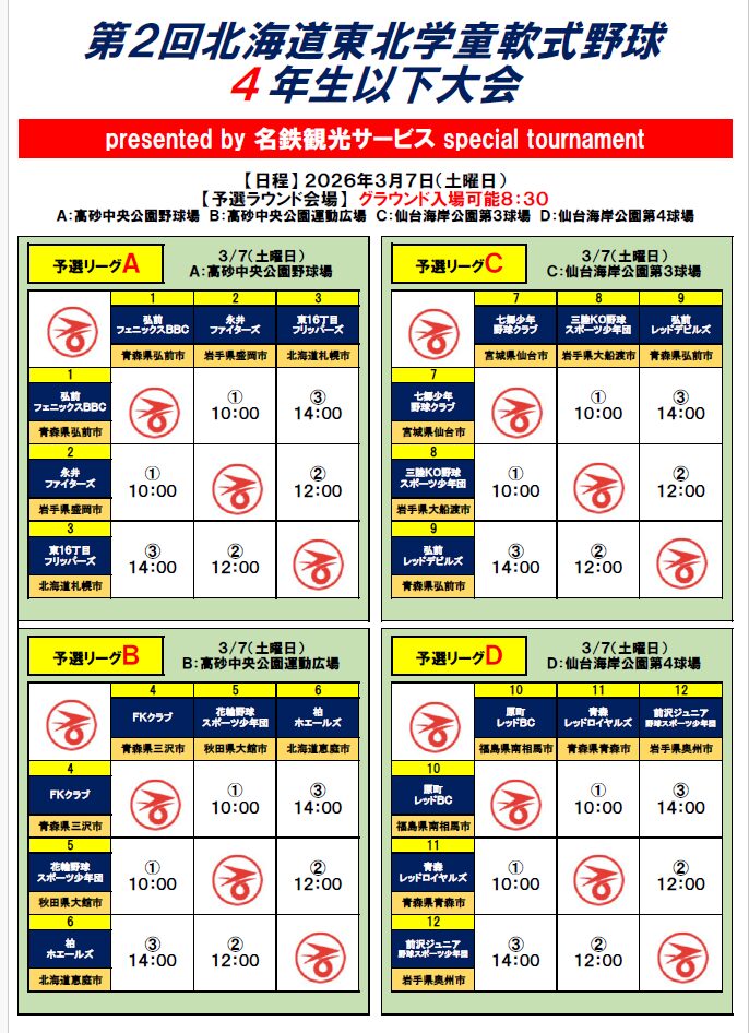 【予選組合せ】第２回北海道東北学童軟式野球４年生以下大会