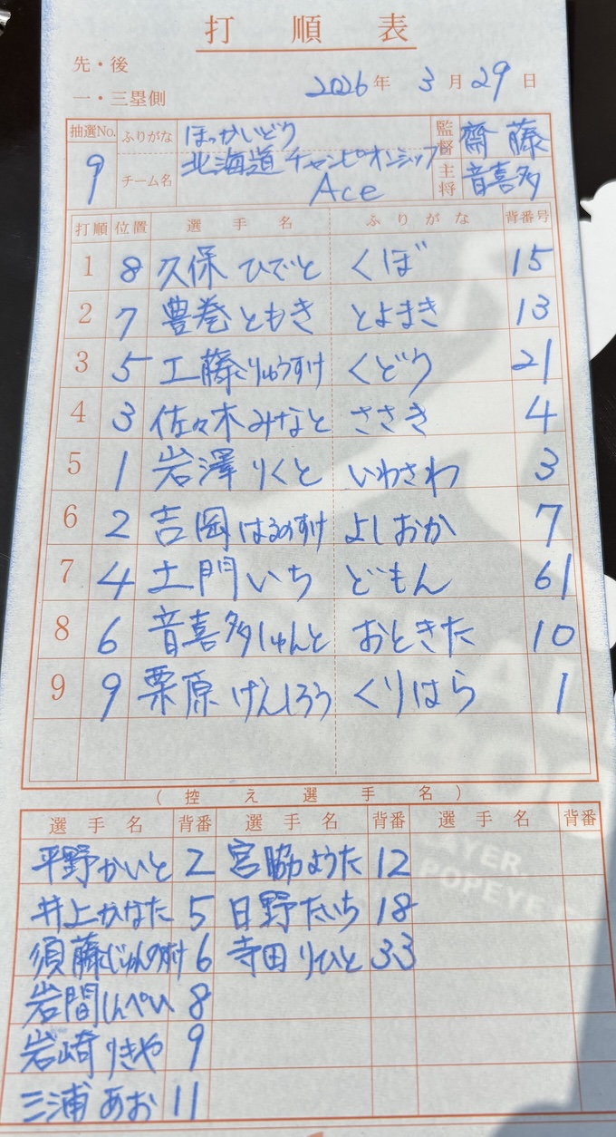 オーダー表・北海道選抜ACE
