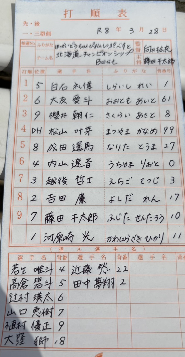 オーダー表・北海道選抜 BEST