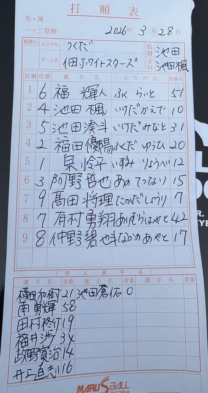 オーダー表・佃ホワイトスターズ