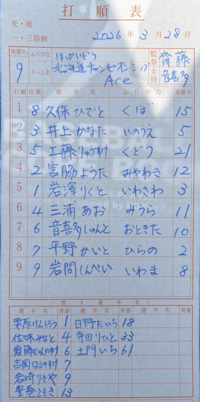 オーダー表・北海道選抜 ACE