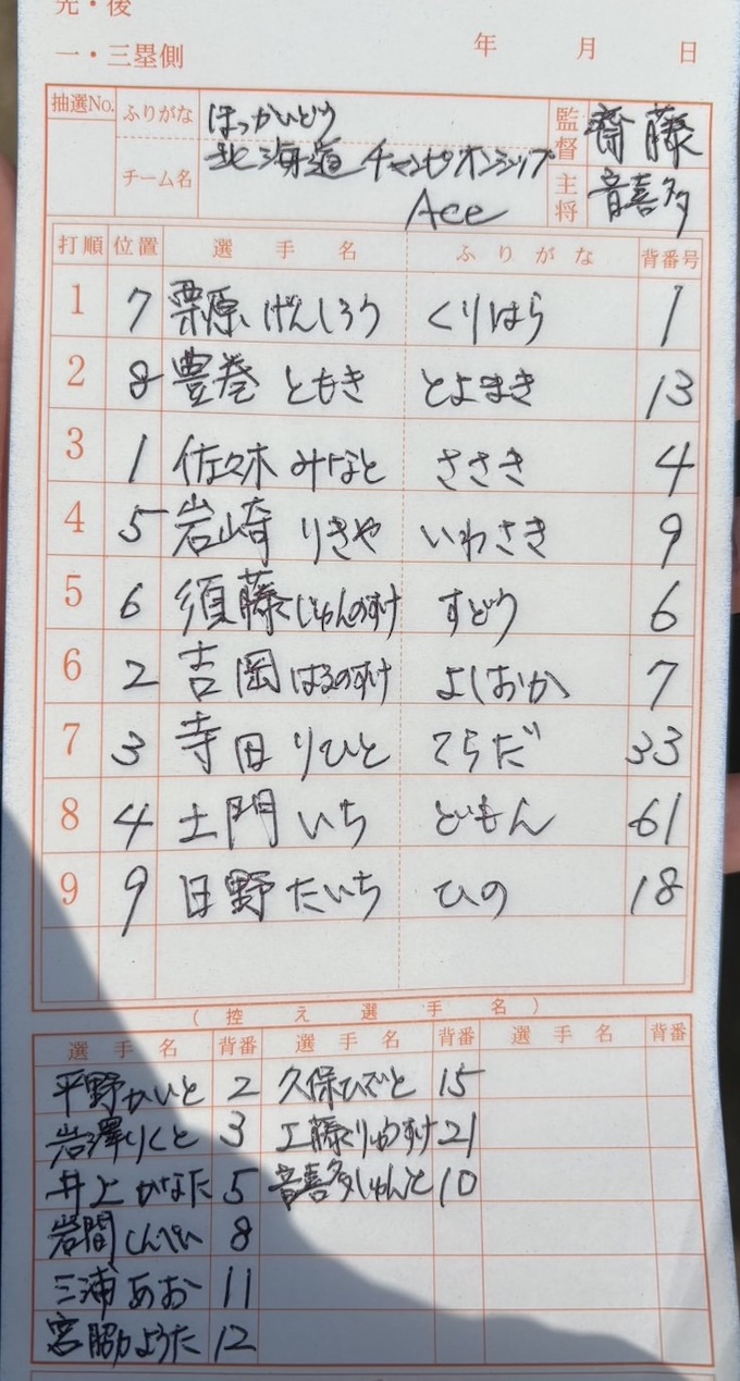 オーダー表・北海道選抜ACE