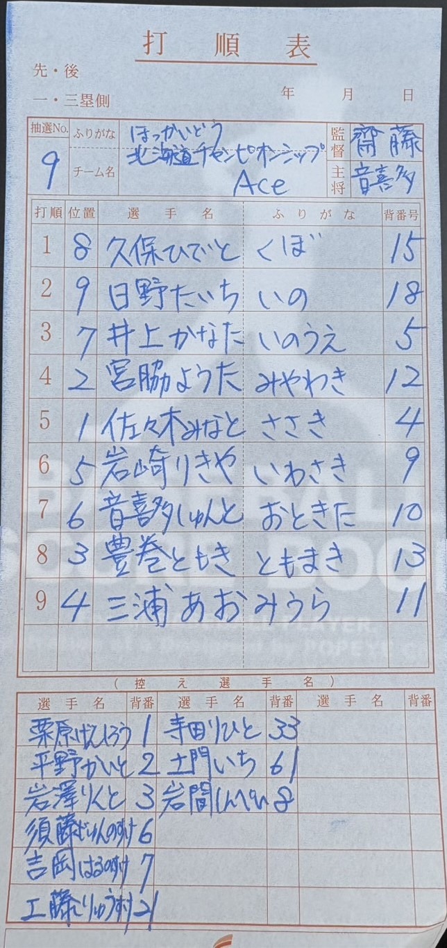 オーダー表・北海道選抜ACE