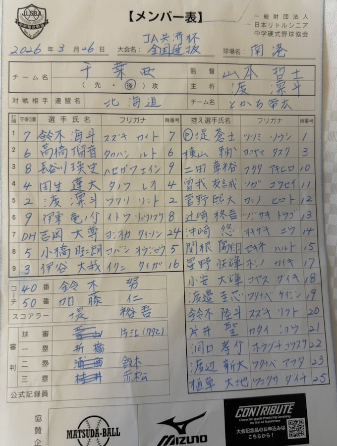 オーダー表・千葉西リトルシニア