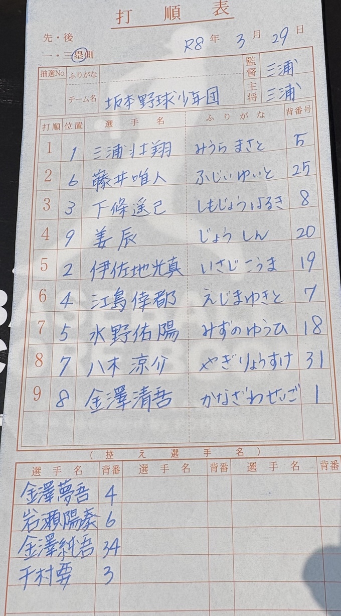 オーダー表・坂本野球少年団