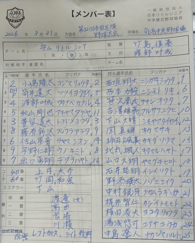 オーダー表・守山リトルシニア