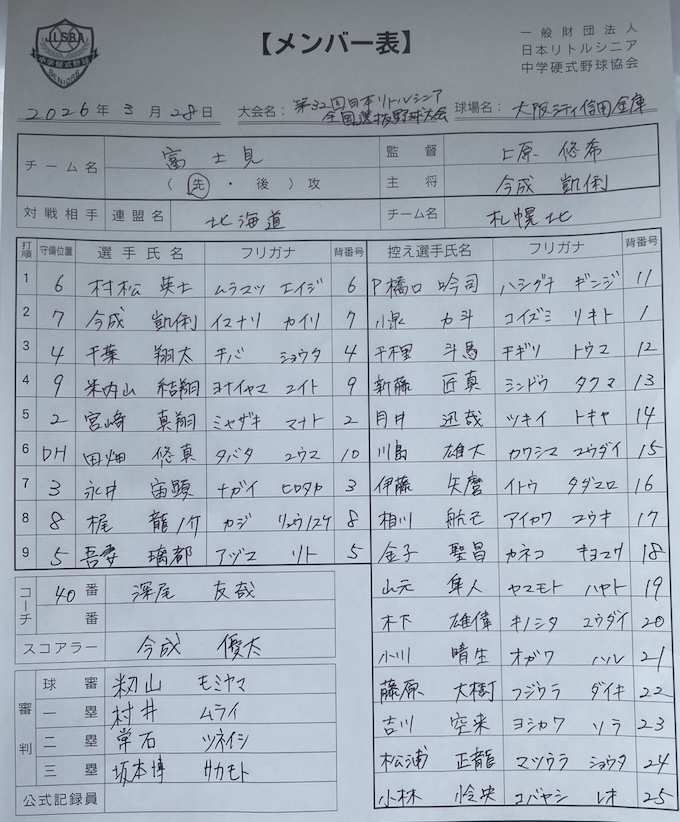 オーダー表・富士見リトルシニア