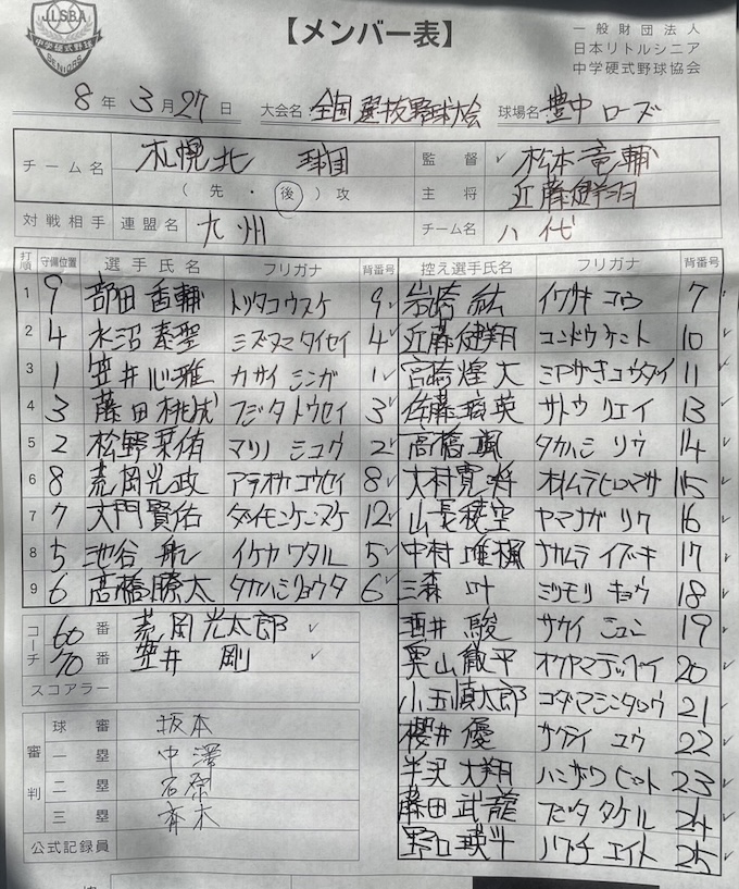 オーダー表・札幌北リトルシニア