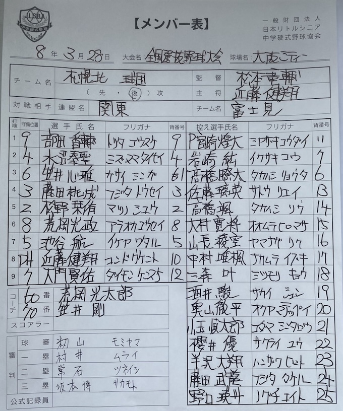 オーダー表・札幌北リトルシニア