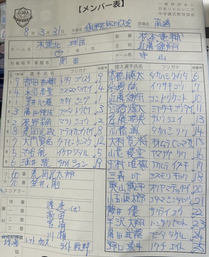 オーダー表・札幌北リトルシニア (決勝)