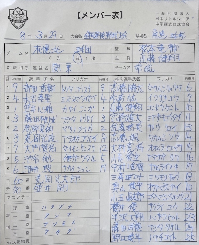 オーダー表・札幌北リトルシニア