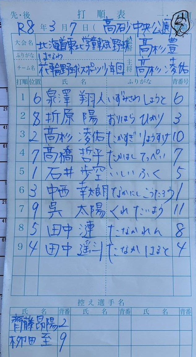 オーダー表・花輪野球スポーツ少年団