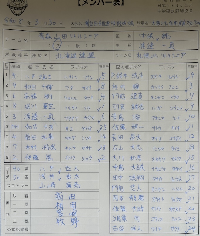 オーダー表・青森山田リトルシニア