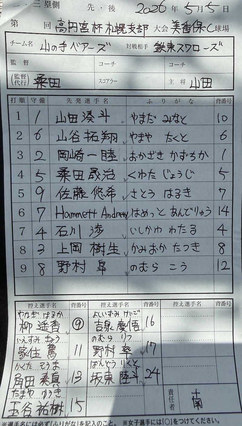 オーダー表・山の手ベアーズ