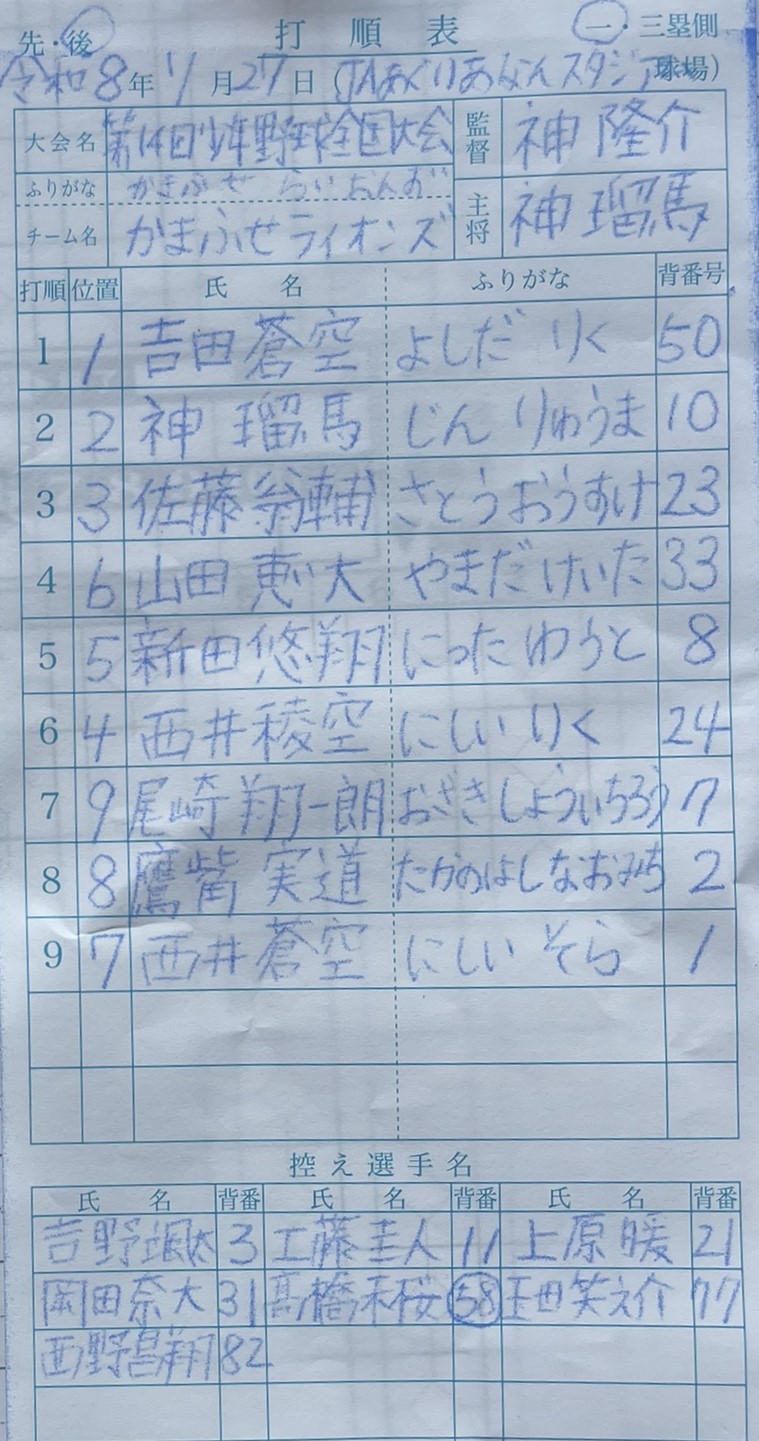 オーダー表・かまふせライオンズ